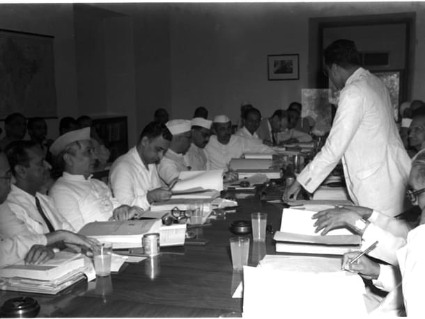 A view fo the meeting of the Advisory Board of the Planning Commission held in New Delhi on July 24, 1951. Among those appear in the picture are Shri Jawaharlal Nehru Prime Minister Shri G.L. Nanda: shri S.K. Patil. Shri C.D. Deshmukh, Finance Minister; shri Mehta and others./ Picture from GOI Photo Division